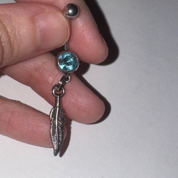 Aqua Blue Gem Feather Dangle Belly Ring - Picture 5 of 9